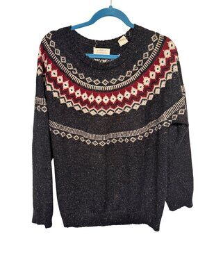 Weatherproof Vintage Nordic Fair Isle Sweater Navy with Red Tan Womans XL